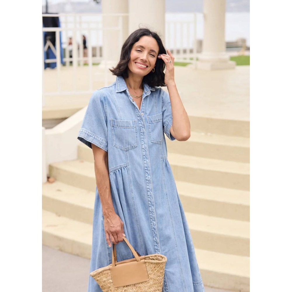 MAYE Denim Shirt Dress Womens Size M Light Blue Cotton Midi Short Sleeve Pocket